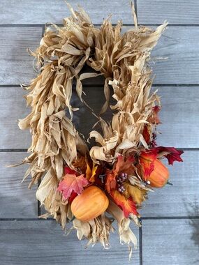 Autumn Corn Husk Wreath with Pumpkins and Fall Leaves